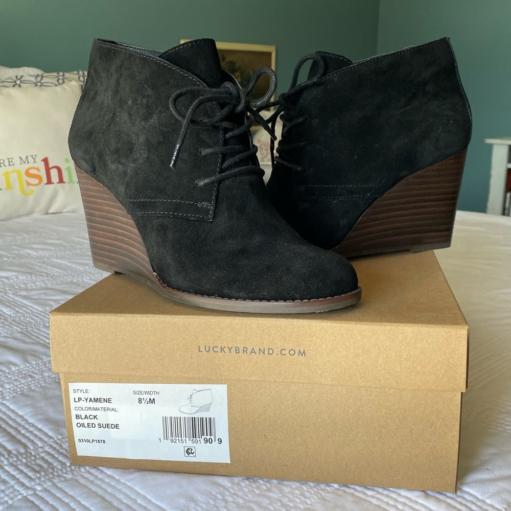 Lucky Brand Black Suede Wedge Booties